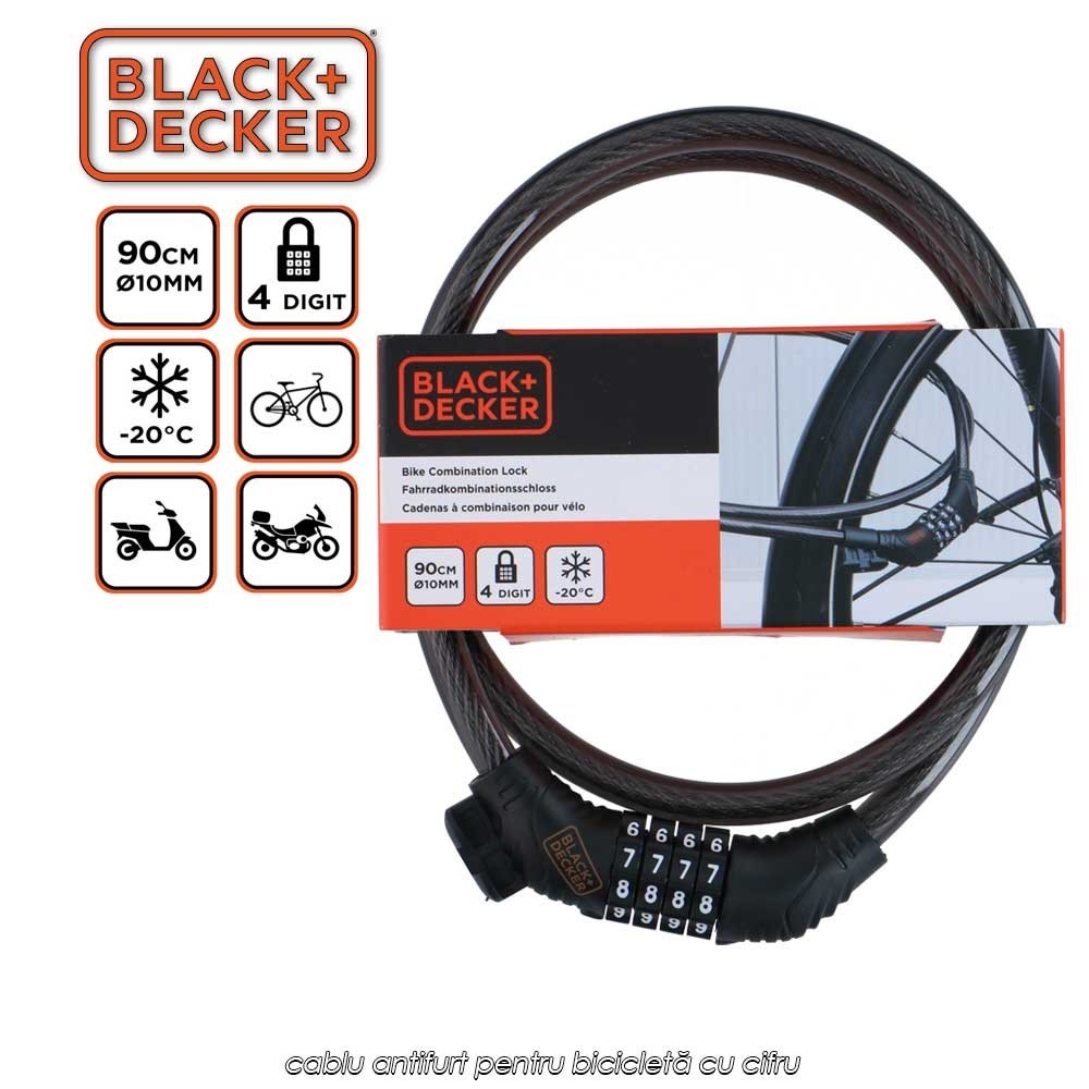 Black+Decker Bike Combination Lock - cablu antifurt pentru bicicletă cu cifru Black+Decker Bike Combination Lock - cablu antifurt pentru bicicletă cu cifru