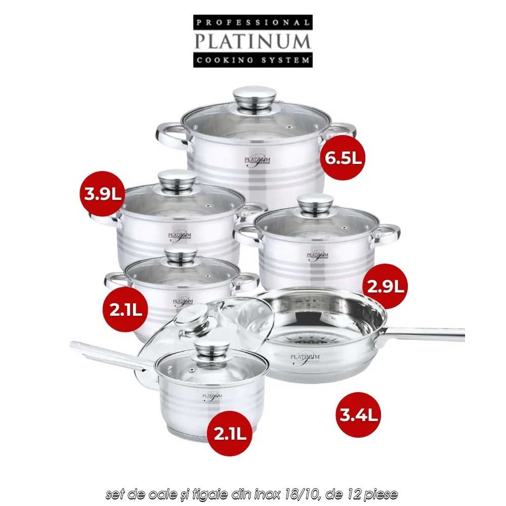 Platinum Collection PL-12053G - set de oale și tigaie din inox 18/10, de 12 piese