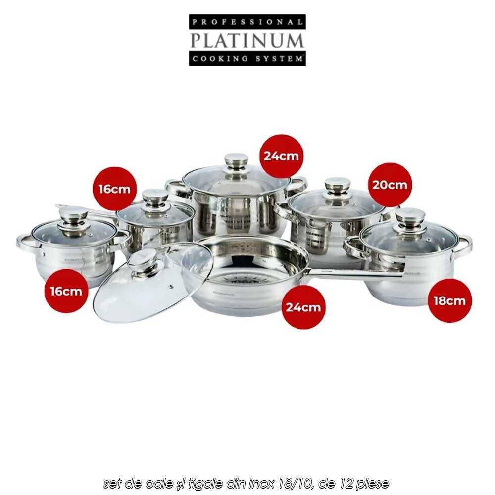 Platinum Collection PL-12053G - set de oale și tigaie din inox 18/10, de 12 piese