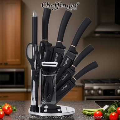 Cheffinger Home KS11 - set de 5 cuțite, foarfecă, decojitor, ascuțitor și suport rotativ Cheffinger Home KS11 - set de 5 cuțite, foarfecă, decojitor, ascuțitor și suport rotativ