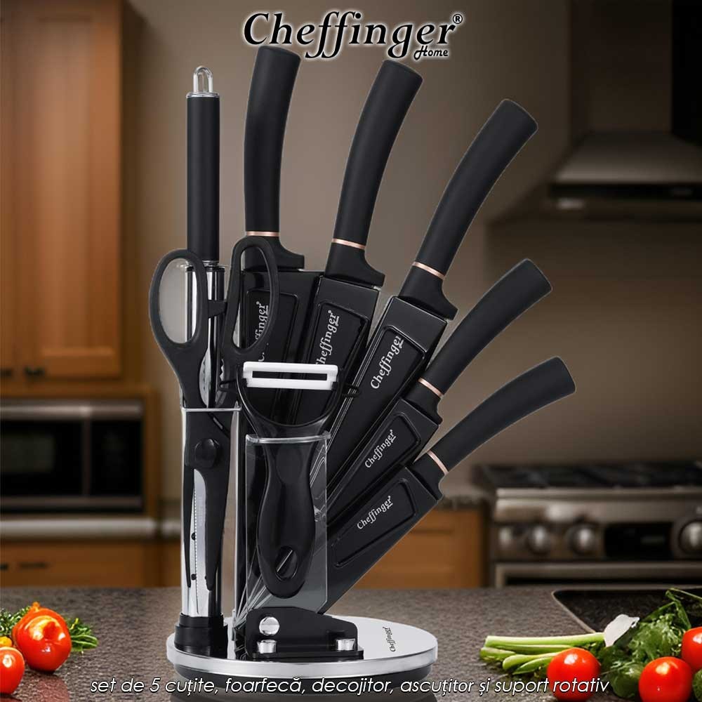Cheffinger Home KS11 - set de 5 cuțite, foarfecă, decojitor, ascuțitor și suport rotativ