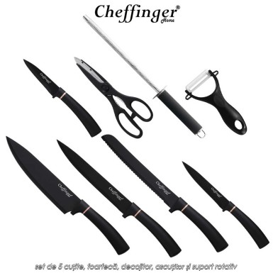 Cheffinger Home KS11 - set de 5 cuțite, foarfecă, decojitor, ascuțitor și suport rotativ Cheffinger Home KS11 - set de 5 cuțite, foarfecă, decojitor, ascuțitor și suport rotativ
