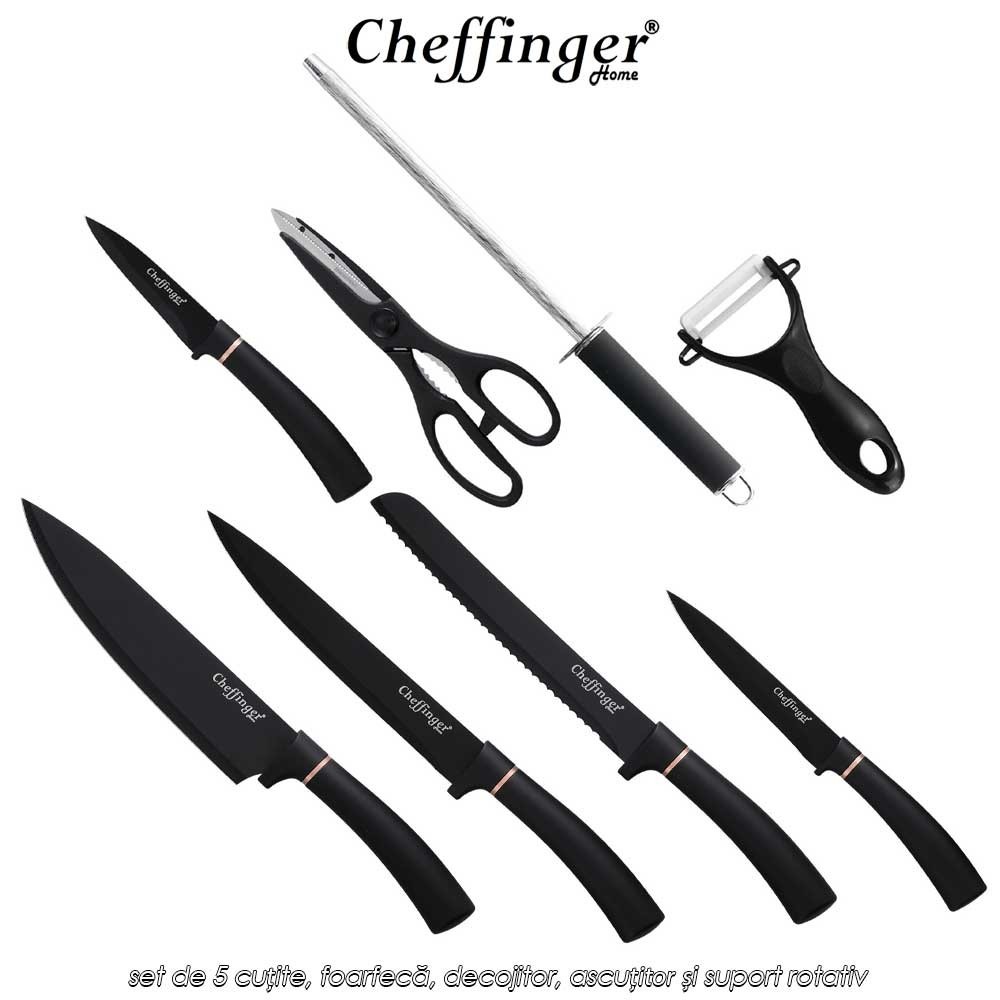 Cheffinger Home KS11 - set de 5 cuțite, foarfecă, decojitor, ascuțitor și suport rotativ