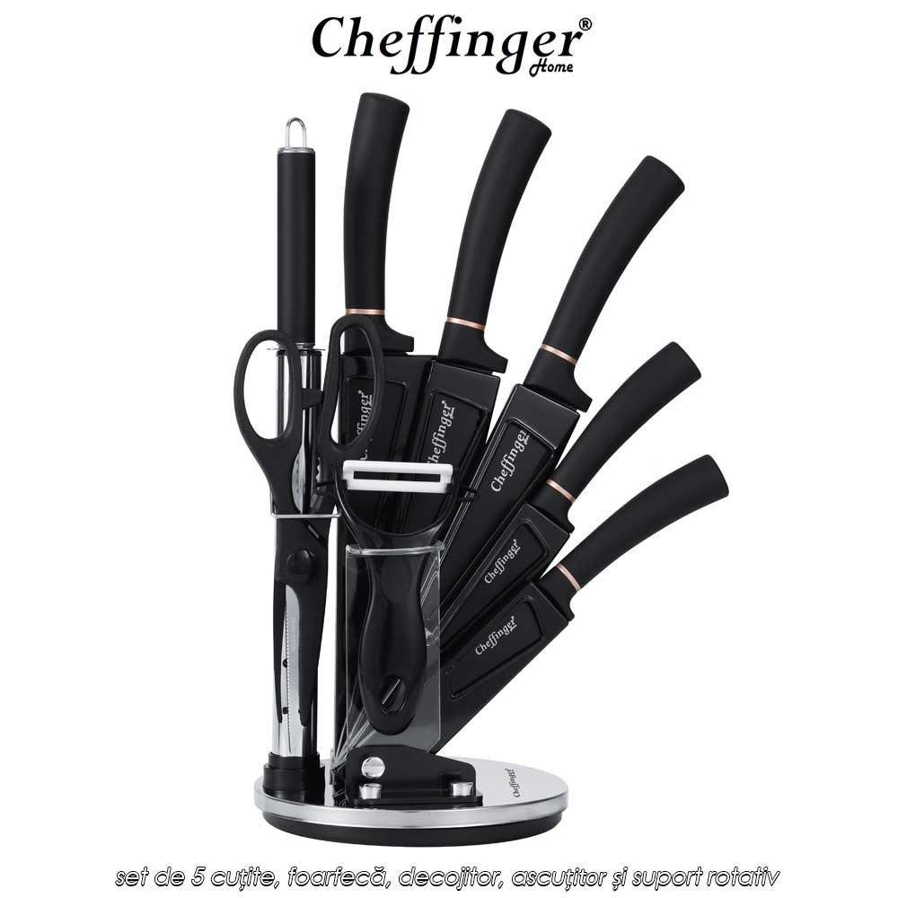 Cheffinger Home KS11 - set de 5 cuțite, foarfecă, decojitor, ascuțitor și suport rotativ