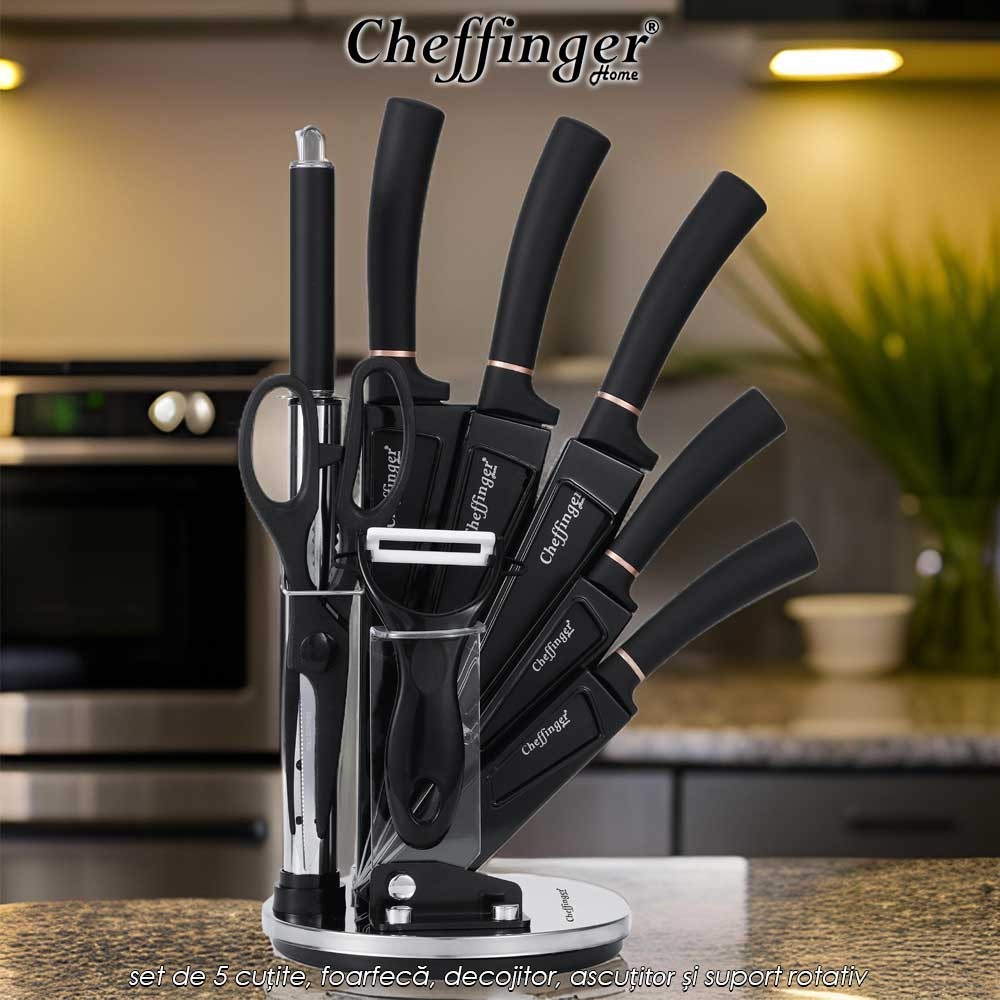 Cheffinger Home KS11 - set de 5 cuțite, foarfecă, decojitor, ascuțitor și suport rotativ