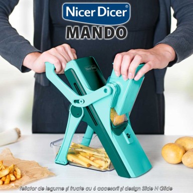 Nicer Dicer Mando - feliator de legume și fructe cu 6 accesorii și design Slide N Glide Nicer Dicer Mando - feliator de legume și fructe cu 6 accesorii și design Slide N Glide