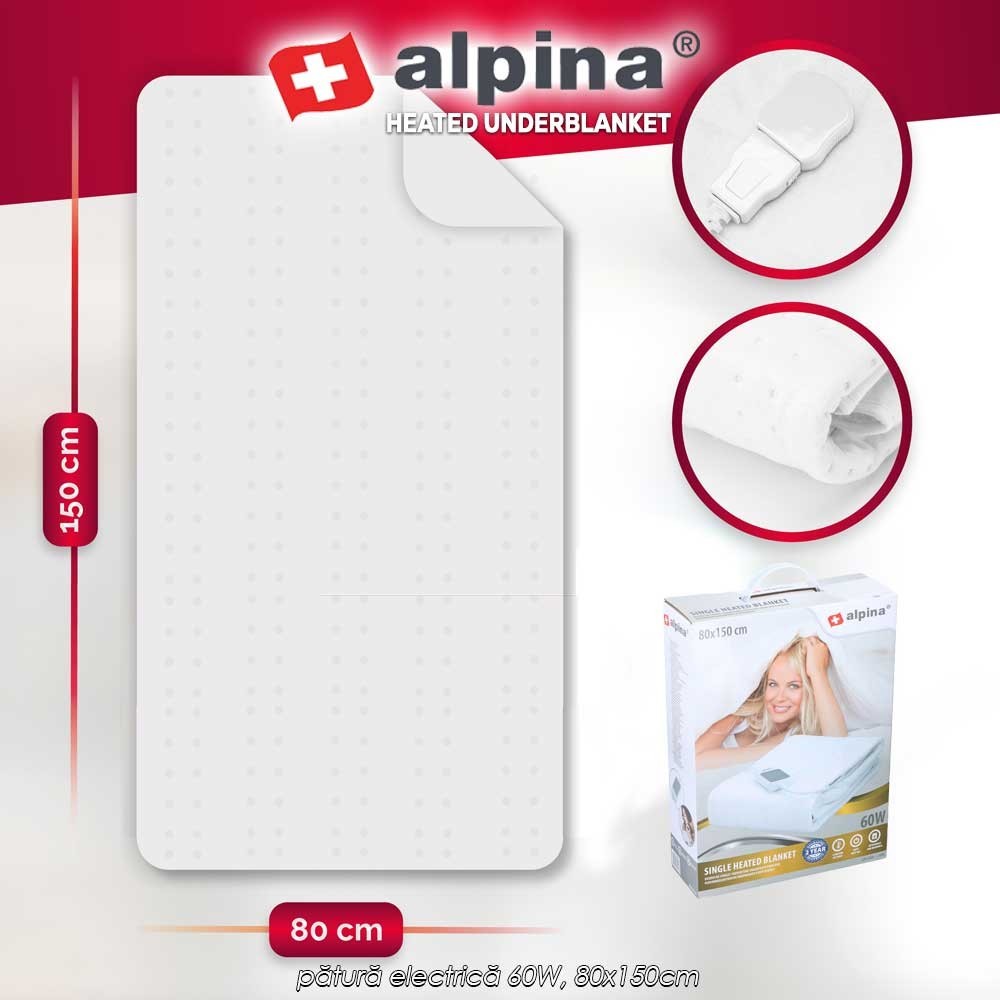 Alpina Heated Underblanket - pătură electrică 60W, 80x150cm Alpina Heated Underblanket - pătură electrică 60W, 80x150cm