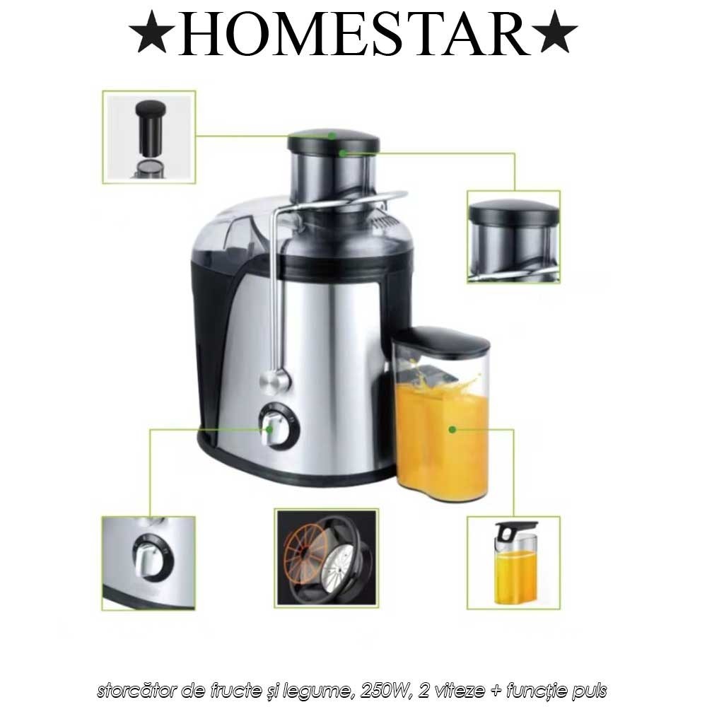 HomeStar Juice Extractor JE250 - storcător de fructe și legume, 250W, 2 viteze + funcție puls