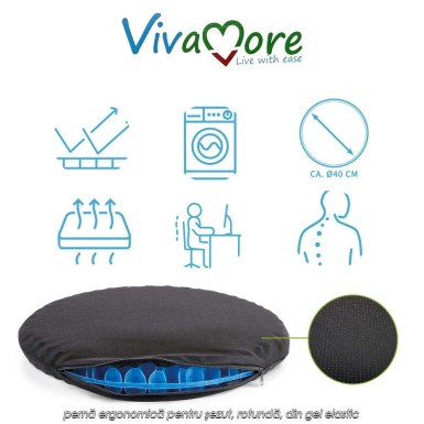 Vivamore Gel Cushion Donut – pernă ergonomică pentru șezut, rotundă, din gel elastic Vivamore Gel Cushion Donut – pernă ergonomică pentru șezut, rotundă, din gel elastic