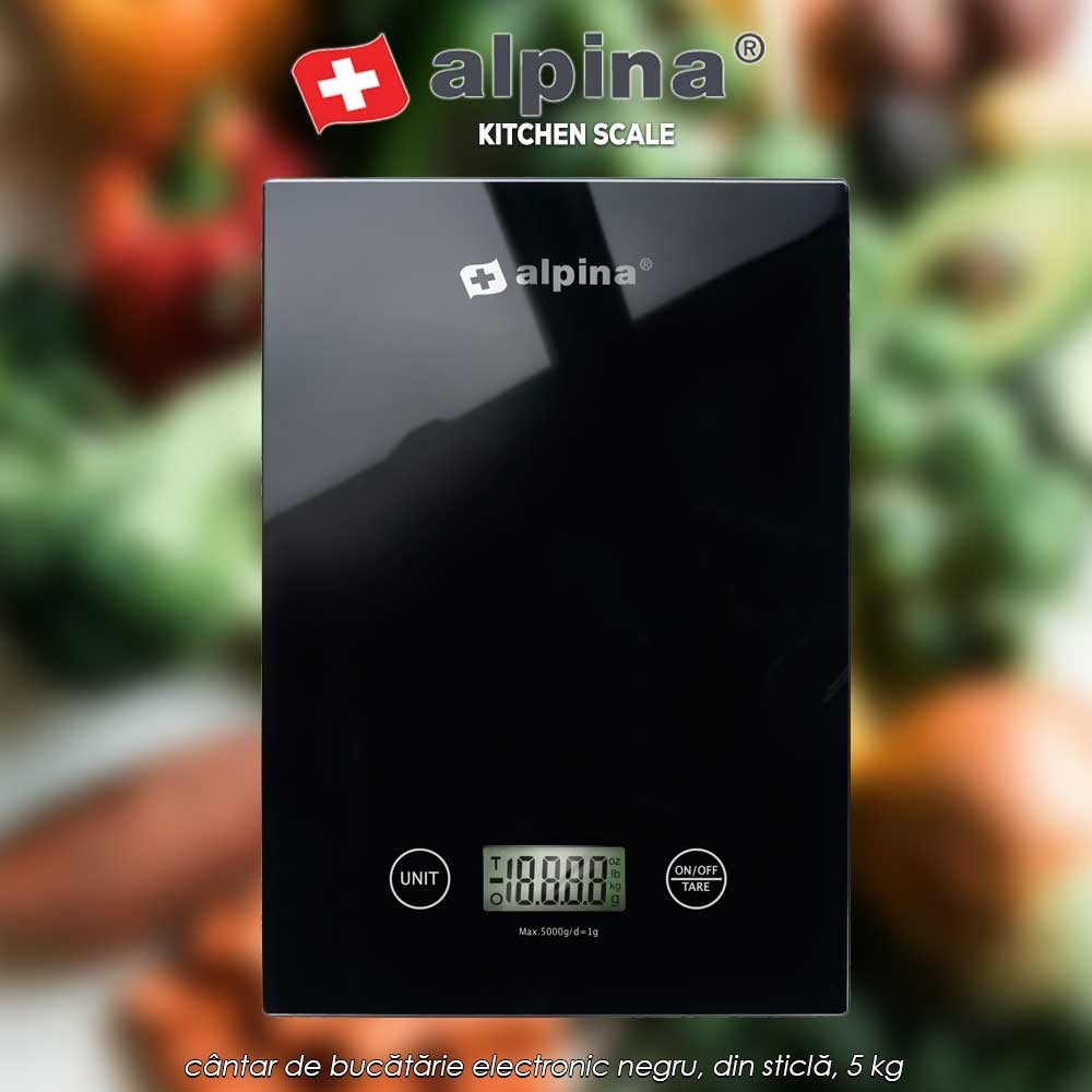Alpina Kitchen Scale Black - cântar de bucătărie electronic negru, din sticlă, 5 kg Alpina Kitchen Scale Black - cântar de bucătărie electronic negru, din sticlă, 5 kg