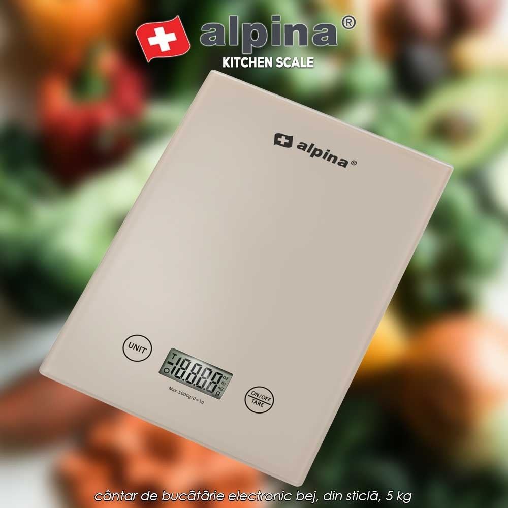 Alpina Kitchen Scale Beige - cântar de bucătărie electronic bej, din sticlă, 5 kg