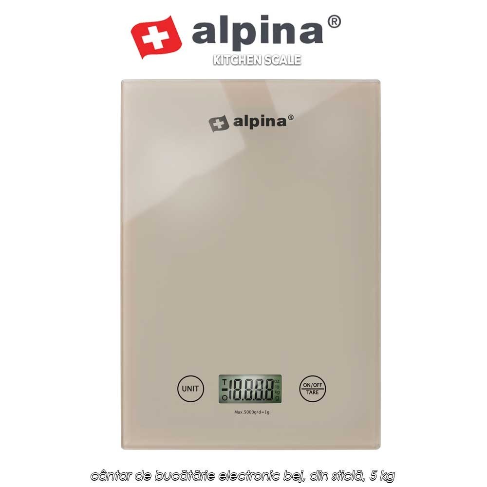 Alpina Kitchen Scale Beige - cântar de bucătărie electronic bej, din sticlă, 5 kg