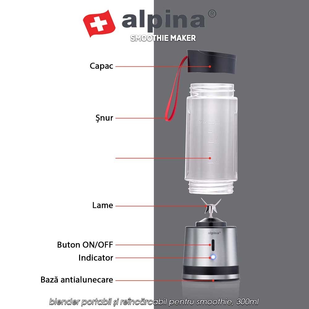 Alpina Smoothie Maker - blender portabil și reîncărcabil pentru smoothie, 300ml