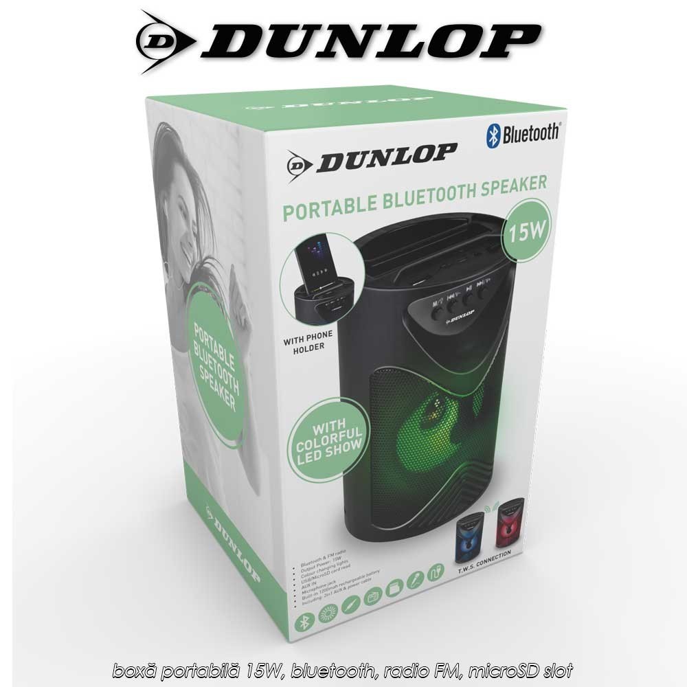 Dunlop TWS Bluetooth Speaker - boxă portabilă 15W, bluetooth, radio FM, microSD slot