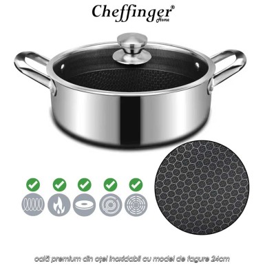 Cheffinger Home PSC24 - oală premium din oțel inoxidabil cu model de fagure 24cm Cheffinger Home PSC24 - oală premium din oțel inoxidabil cu model de fagure 24cm
