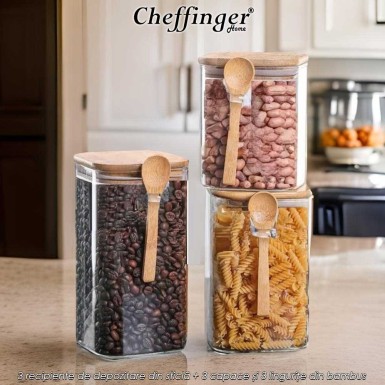 Cheffinger Home GSJ3B - set de 3 recipiente de depozitare din sticlă+3 capace și 3 lingurițe din bambus Cheffinger Home GSJ3B - set de 3 recipiente de depozitare din sticlă+3 capace și 3 lingurițe din bambus