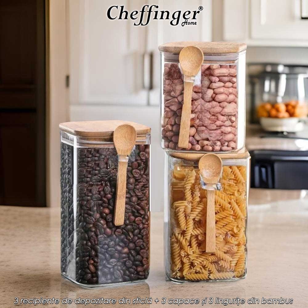 Cheffinger Home GSJ3B - set de 3 recipiente de depozitare din sticlă+3 capace și 3 lingurițe din bambus Cheffinger Home GSJ3B - set de 3 recipiente de depozitare din sticlă+3 capace și 3 lingurițe din bambus