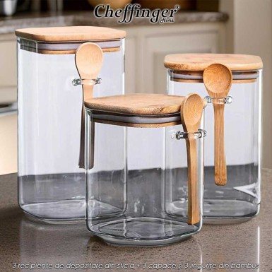 Cheffinger Home GSJ3B - set de 3 recipiente de depozitare din sticlă+3 capace și 3 lingurițe din bambus Cheffinger Home GSJ3B - set de 3 recipiente de depozitare din sticlă+3 capace și 3 lingurițe din bambus
