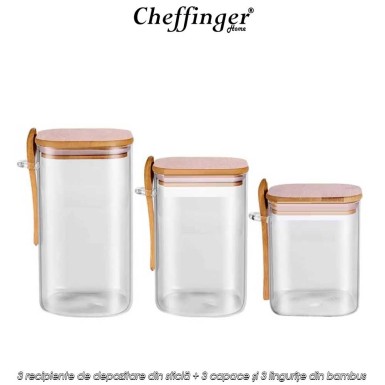 Cheffinger Home GSJ3B - set de 3 recipiente de depozitare din sticlă+3 capace și 3 lingurițe din bambus Cheffinger Home GSJ3B - set de 3 recipiente de depozitare din sticlă+3 capace și 3 lingurițe din bambus