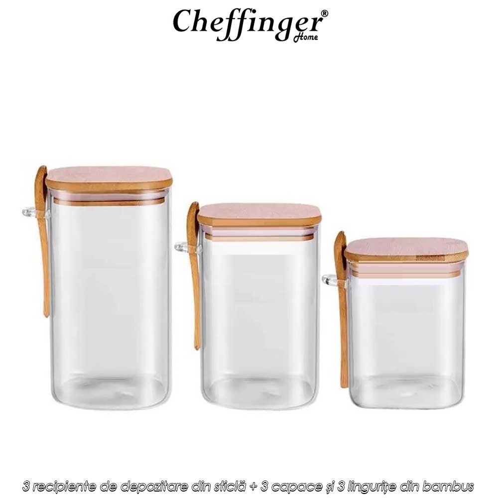 Cheffinger Home GSJ3B - set de 3 recipiente de depozitare din sticlă+3 capace și 3 lingurițe din bambus Cheffinger Home GSJ3B - set de 3 recipiente de depozitare din sticlă+3 capace și 3 lingurițe din bambus