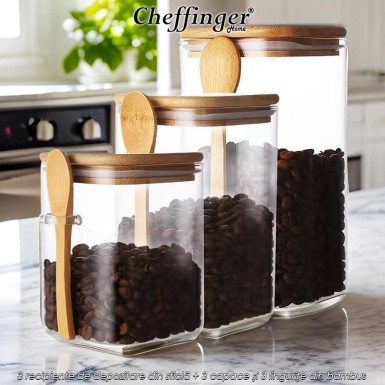 Cheffinger Home GSJ3B - set de 3 recipiente de depozitare din sticlă+3 capace și 3 lingurițe din bambus Cheffinger Home GSJ3B - set de 3 recipiente de depozitare din sticlă+3 capace și 3 lingurițe din bambus