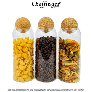 Cheffinger Home GSJ3LB - set de 3 recipiente de depozitare cu capace decorative din plută Cheffinger Home GSJ3LB - set de 3 recipiente de depozitare cu capace decorative din plută
