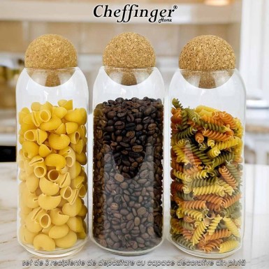 Cheffinger Home GSJ3LB - set de 3 recipiente de depozitare cu capace decorative din plută Cheffinger Home GSJ3LB - set de 3 recipiente de depozitare cu capace decorative din plută