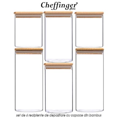 Cheffinger Home GSJ6B - set de 6 recipiente de depozitare cu capace din bambus Cheffinger Home GSJ6B - set de 6 recipiente de depozitare cu capace din bambus