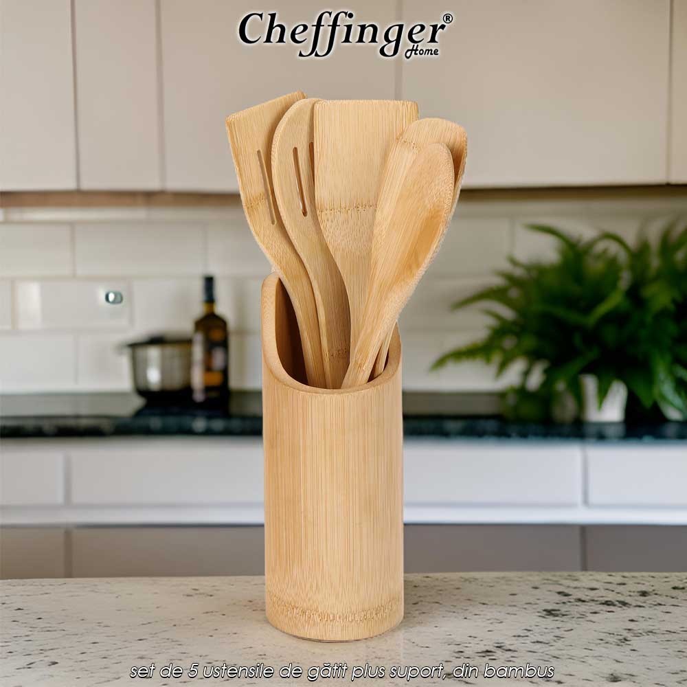 Cheffinger Home UTB6 - set de 5 ustensile de gătit plus suport, din bambus