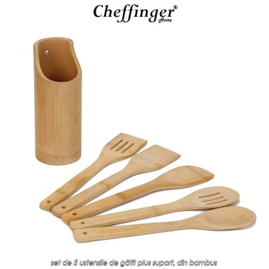 Cheffinger Home UTB6 - set de 5 ustensile de gătit plus suport, din bambus Cheffinger Home UTB6 - set de 5 ustensile de gătit plus suport, din bambus
