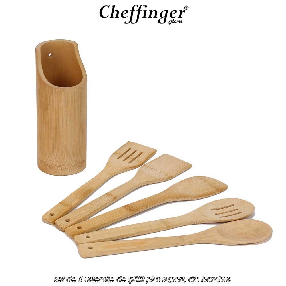 Cheffinger Home UTB6 - set de 5 ustensile de gătit plus suport, din bambus
