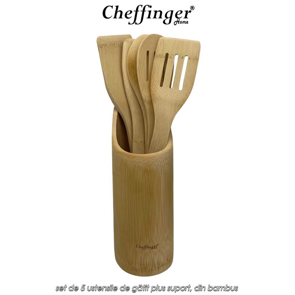 Cheffinger Home UTB6 - set de 5 ustensile de gătit plus suport, din bambus