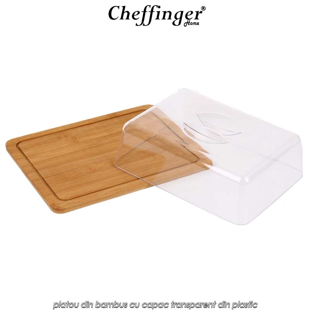 Cheffinger Home CSB24 - platou din bambus cu capac transparent din plastic