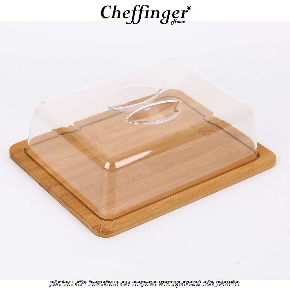Cheffinger Home CSB24 - platou din bambus cu capac transparent din plastic