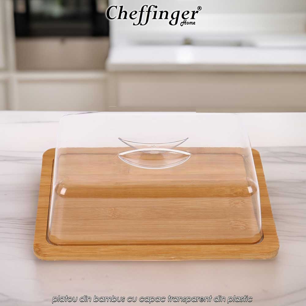 Cheffinger Home CSB24 - platou din bambus cu capac transparent din plastic