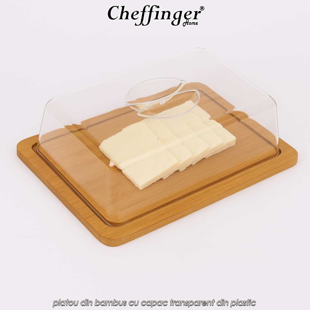 Cheffinger Home CSB24 - platou din bambus cu capac transparent din plastic