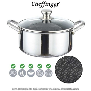Cheffinger Home PNC24 - oală premium din oțel inoxidabil cu model de fagure 24cm Cheffinger Home PNC24 - oală premium din oțel inoxidabil cu model de fagure 24cm
