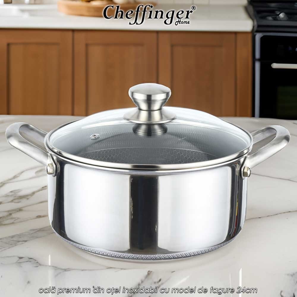 Cheffinger Home PNC24 - oală premium din oțel inoxidabil cu model de fagure 24cm