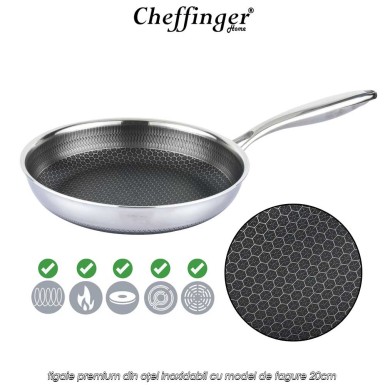 Cheffinger Home PFP20 - tigaie premium din oțel inoxidabil cu model de fagure 20cm Cheffinger Home PFP20 - tigaie premium din oțel inoxidabil cu model de fagure 20cm
