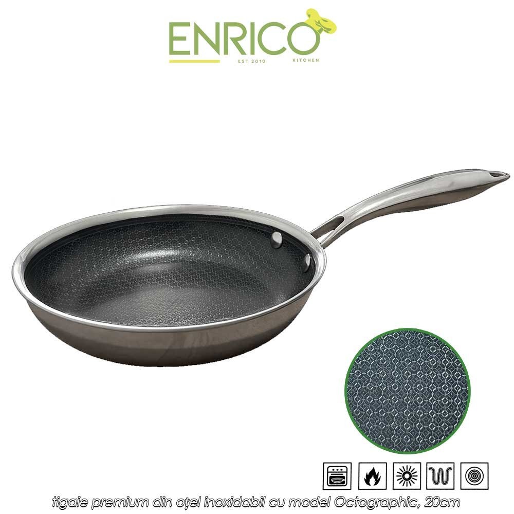 Enrico Tri-Ply Stainless Steel Pan - tigaie premium din oțel inoxidabil cu model Octographic, 20cm
