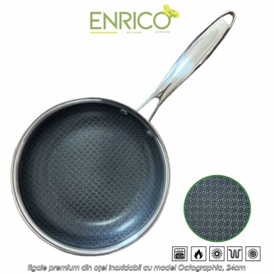 Enrico Tri-Ply Stainless Steel Pan - tigaie premium din oțel inoxidabil cu model Octographic, 24cm Enrico Tri-Ply Stainless Steel Pan - tigaie premium din oțel inoxidabil cu model Octographic, 24cm