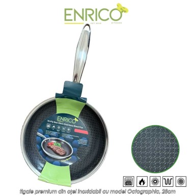 Enrico Tri-Ply Stainless Steel Pan - tigaie premium din oțel inoxidabil cu model Octographic, 28cm Enrico Tri-Ply Stainless Steel Pan - tigaie premium din oțel inoxidabil cu model Octographic, 28cm