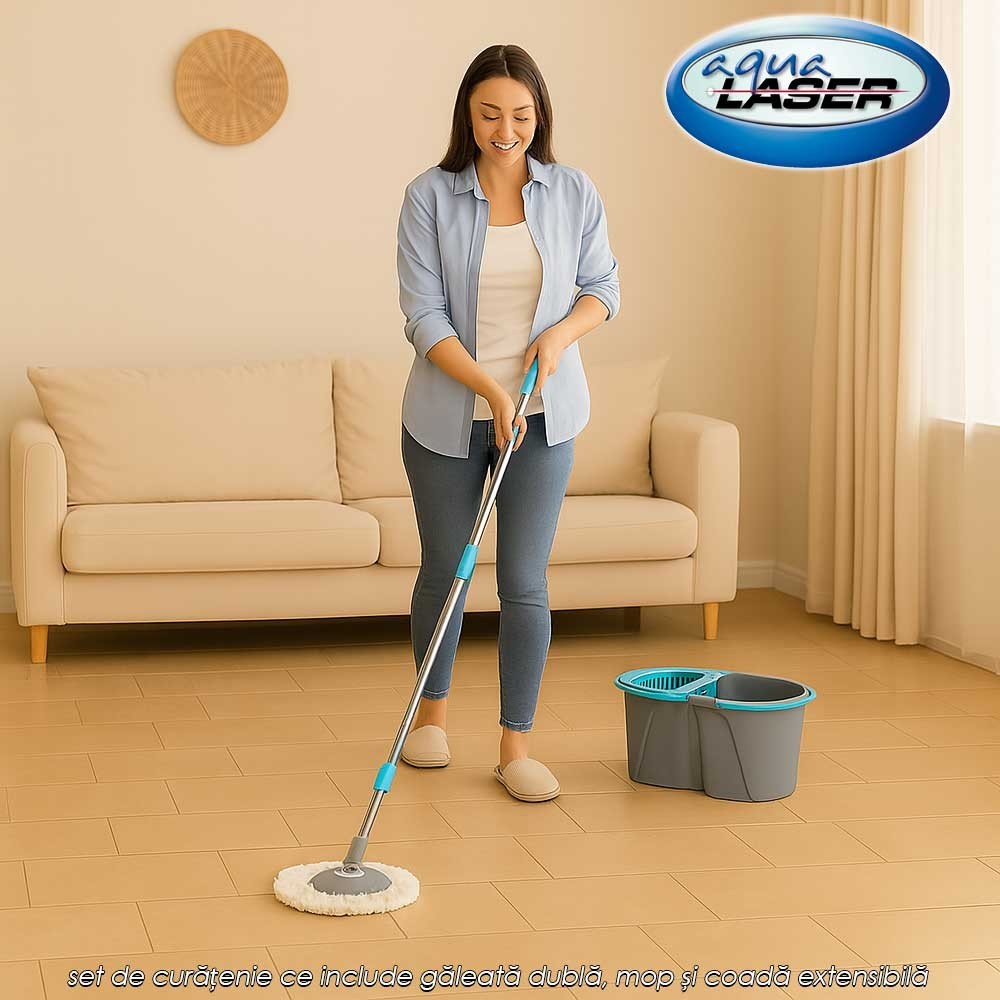 Aqua Laser Split Spin Mop - set de curățenie ce include găleată dublă, mop și coadă extensibilă