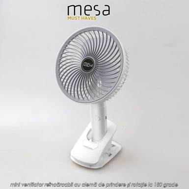 Mesa Cordless Table Fan - mini ventilator reîncărcabil cu clemă de prindere și rotație la 180 grade Mesa Cordless Table Fan - mini ventilator reîncărcabil cu clemă de prindere și rotație la 180 grade