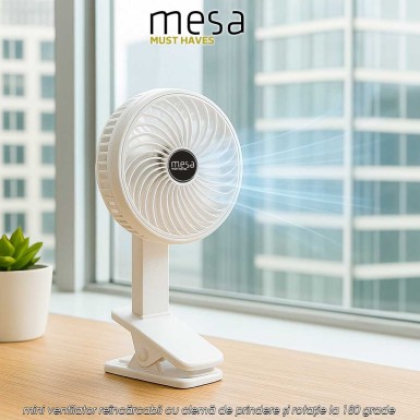 Mesa Cordless Table Fan - mini ventilator reîncărcabil cu clemă de prindere și rotație la 180 grade Mesa Cordless Table Fan - mini ventilator reîncărcabil cu clemă de prindere și rotație la 180 grade