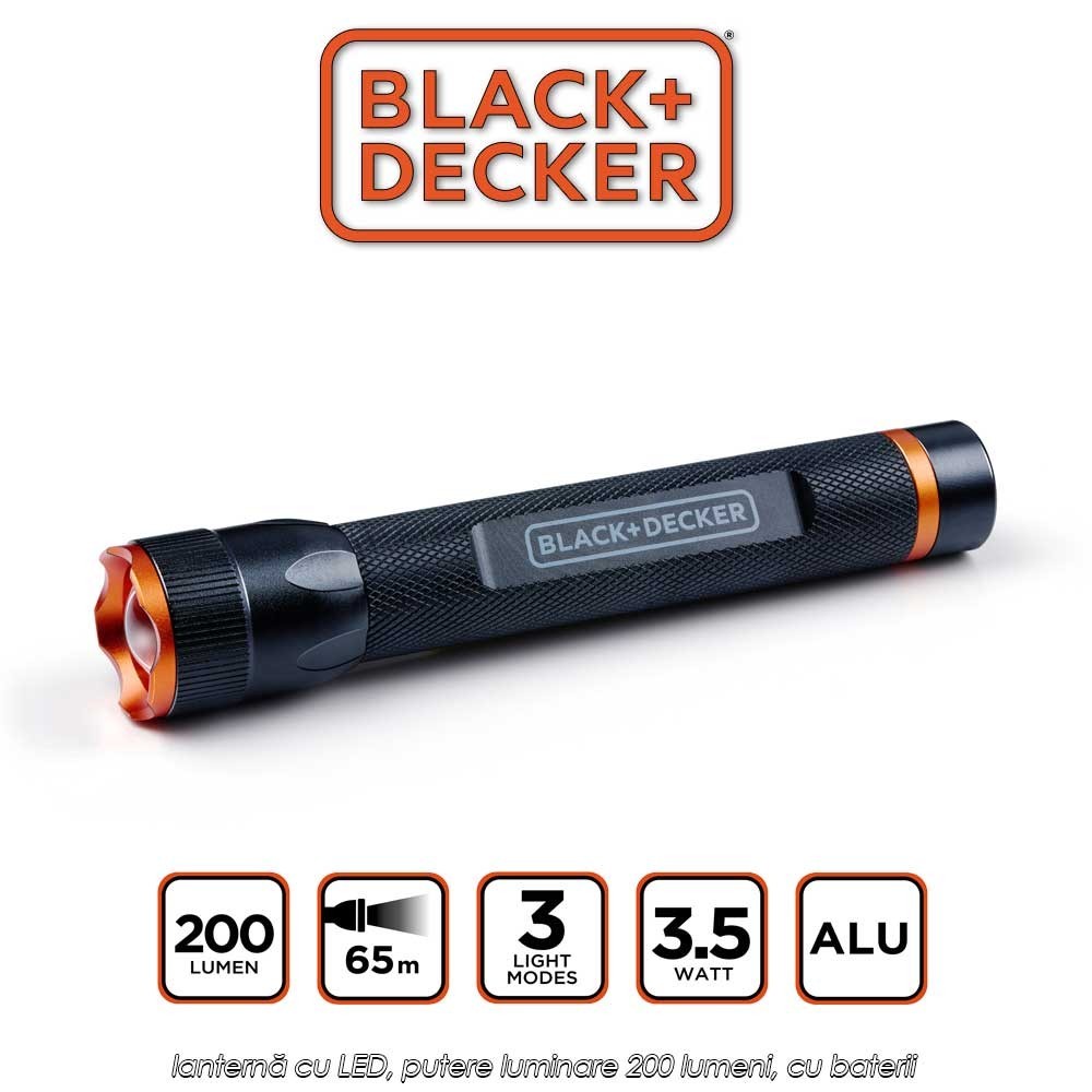 Black+Decker Torch 200 - lanternă cu LED, putere luminare 200 lumeni, cu baterii