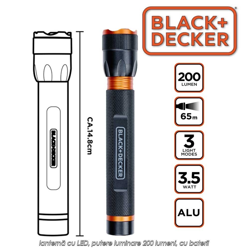 Black+Decker Torch 200 - lanternă cu LED, putere luminare 200 lumeni, cu baterii