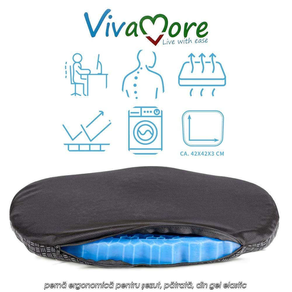 Vivamore Gel Cushion Square – pernă ergonomică pentru șezut, pătrată, din gel elastic
