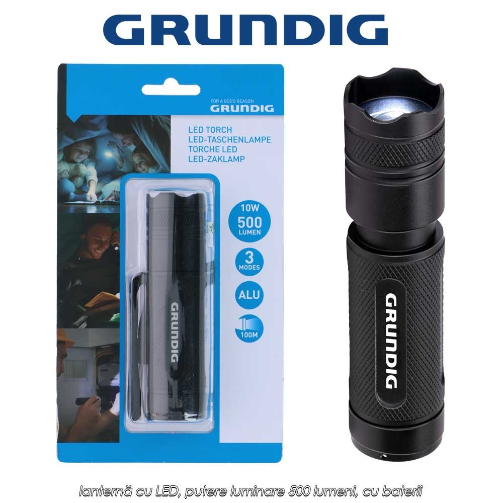 Grundig LED Torch 500 - lanternă cu LED, putere luminare 500 lumeni, cu baterii