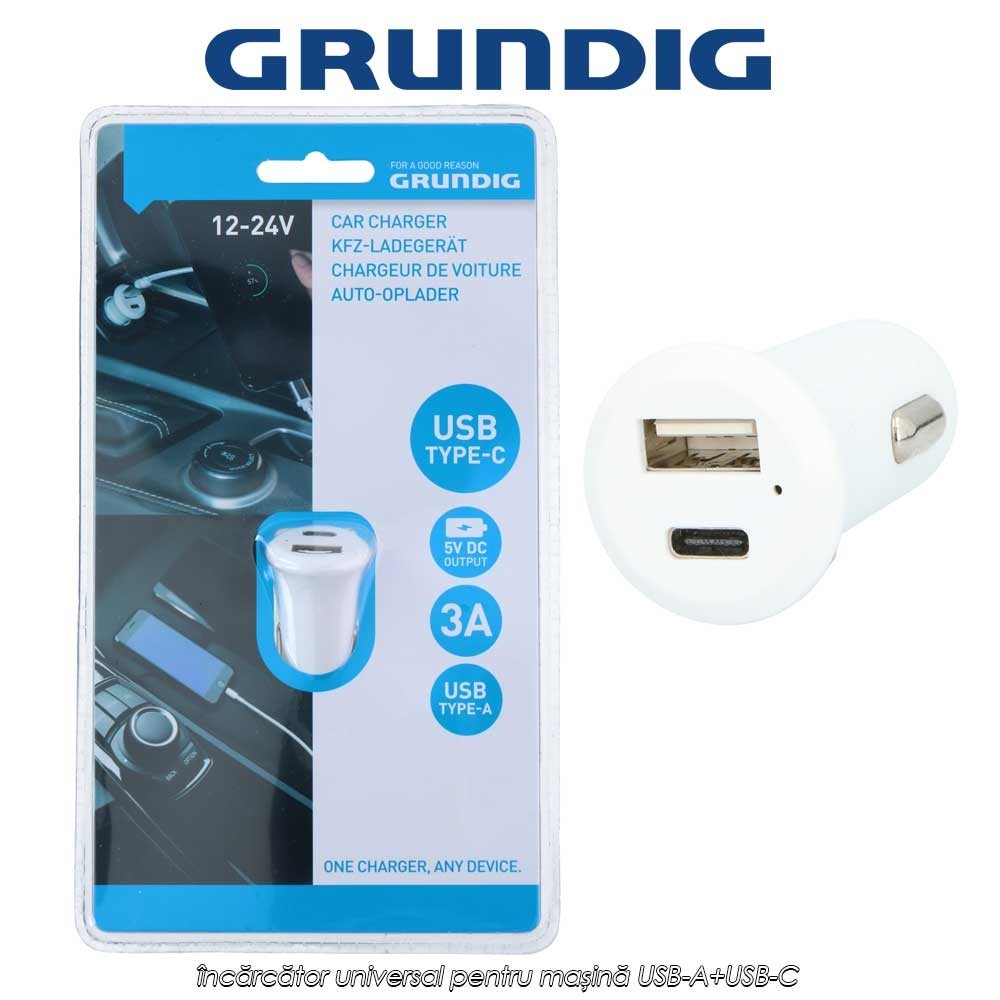 Grundig Car Charger 5V - încărcător universal pentru mașină USB-A+USB-C